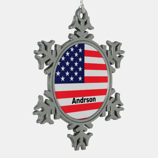 アメリカ国旗パーソナライズされた愛国星ストライプたち スノーフレークピューターオーナメント (左)