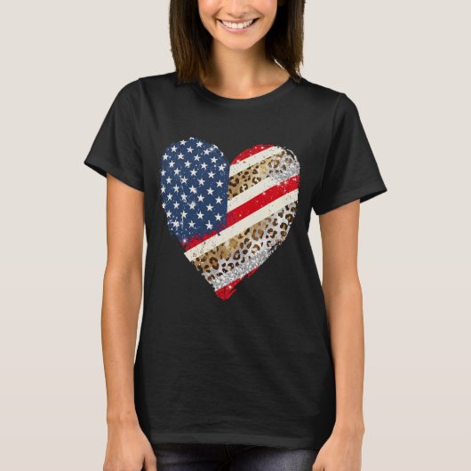 アメリカ国旗ヒョウ柄ハート 7月4日 Tシャツ (正面)