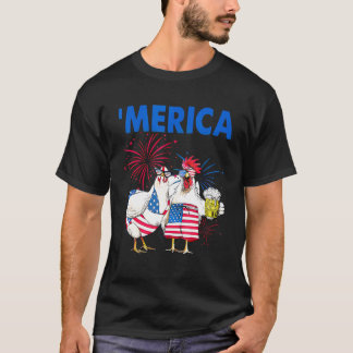アメリカ国旗ビールを飲むにわとり家族 ハッピー4 Tシャツ