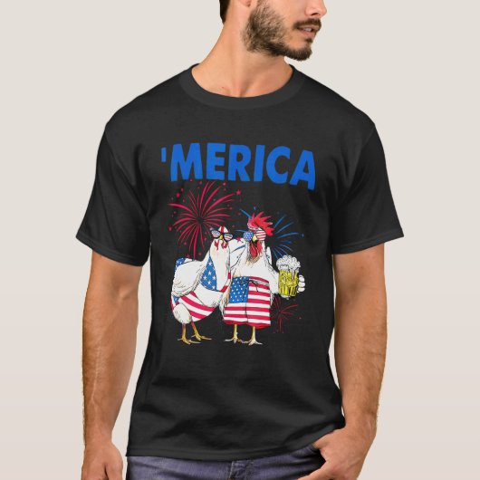 アメリカ国旗ビールを飲むにわとり家族 ハッピー4 Tシャツ (正面)