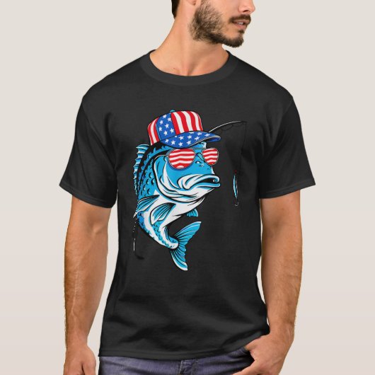 アメリカ国旗フィッシャーマンアメリカ魚釣り恋人フィッシュ4th tシャツ (正面)