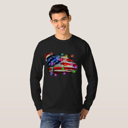 アメリカ国旗メリークリスマスライトクリスマスサンタ Tシャツ (正面フル)
