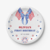 アメリカ国旗リボン女子誕生日紙皿 ペーパープレート (正面)