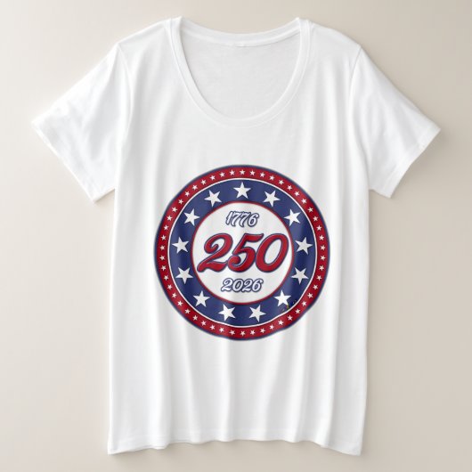 アメリカ国旗付きアメリカ生誕250周年 プラスサイズTシャツ (デザイン正面)