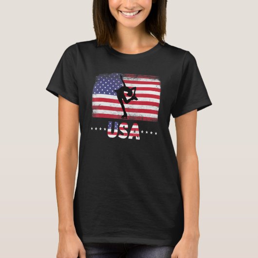 アメリカ国旗姿氷スケートで滑るアメリカ愛国茶 Tシャツ (正面)