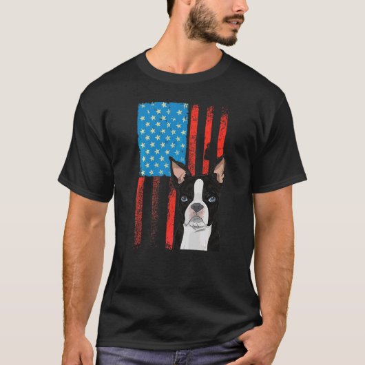アメリカ国旗愛国犬ボストンテリア Tシャツ (正面)