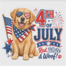 アメリカ国旗柄のサングラスをかけたゴールデンレトリバーがデザインされた愛国的な4th Julyの犬ス