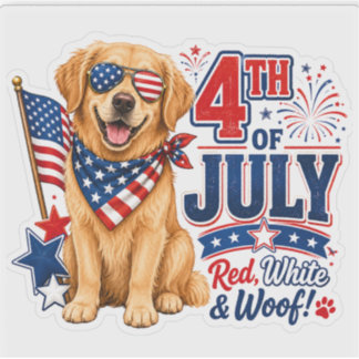 アメリカ国旗柄のサングラスをかけたゴールデンレトリバーがデザインされた愛国的な4th Julyの犬ス シール