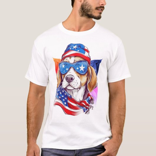アメリカ国旗犬 4日7月 Tシャツ (正面)