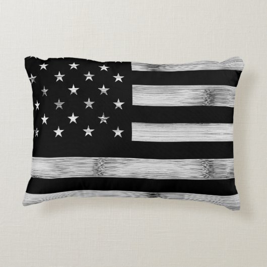 アメリカ国旗素朴ウッド白黒愛国的アメリカ アクセントクッション (裏面)
