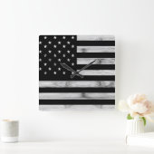 アメリカ国旗素朴ウッド白黒愛国的アメリカ スクエア壁時計 (ホーム)
