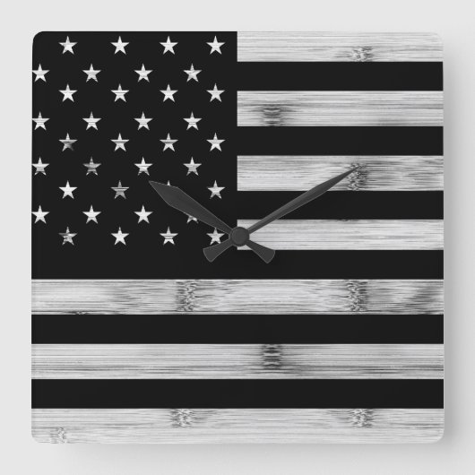 アメリカ国旗素朴ウッド白黒愛国的アメリカ スクエア壁時計 (正面)