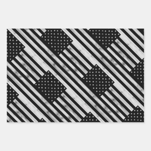 アメリカ国旗素朴ウッド白黒愛国的アメリカ ラッピングペーパーシート (正面3)