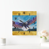 アメリカ国旗飛んでいるのイーグルが空の金ゴールド箔 スクエア壁時計 (ホーム)