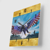 アメリカ国旗飛んでいるのイーグルが空の金ゴールド箔 スクエア壁時計 (傾斜)