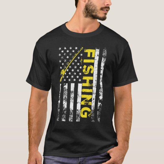 アメリカ国旗魚釣りロッドアメリカ愛国的 Tシャツ (正面)
