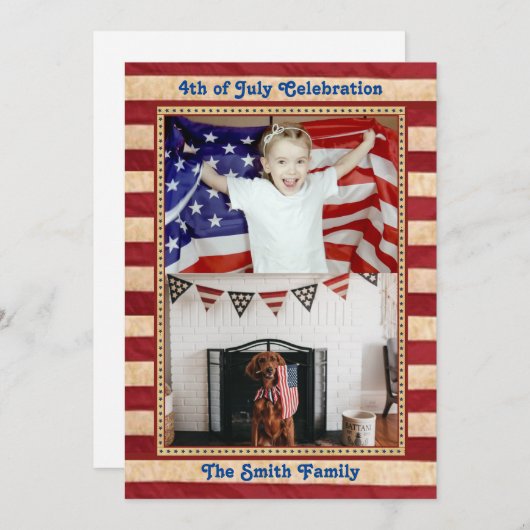 アメリカ国旗2家族の写真7月4日祝 招待状 (正面/裏面)