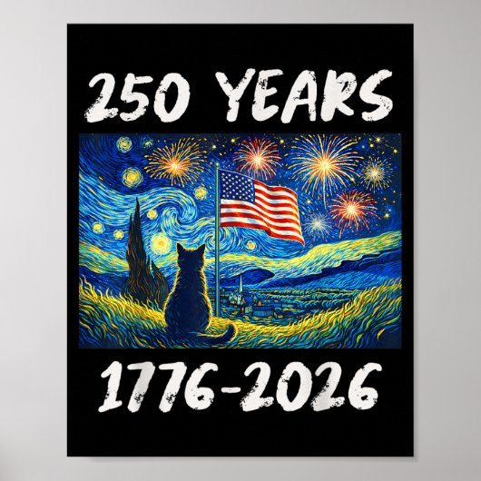 アメリカ国旗250周年 1776-2026 猫 星空の夜 ポスター (正面)