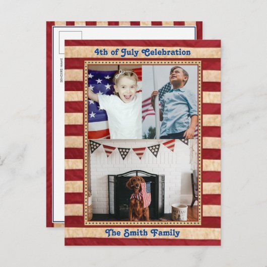アメリカ国旗3家族の写真7月4日祝 インビテーションポストカード (正面/裏面)