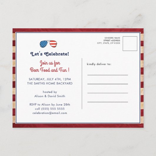 アメリカ国旗3家族の写真7月4日祝 インビテーションポストカード (裏面)