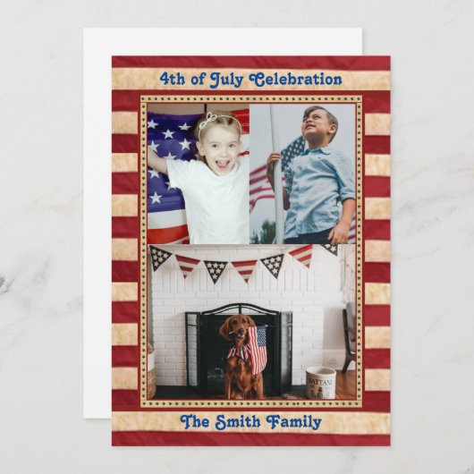 アメリカ国旗3家族の写真7月4日祝 招待状 (正面/裏面)