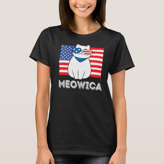 アメリカ国旗 かわいい猫 7月4日 男女兼用デザイン Tシャツ (正面)
