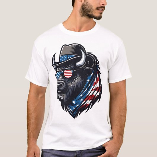 アメリカ国旗 アメリカンバイソン 7月4日 少年 男性 Tシャツ (正面)