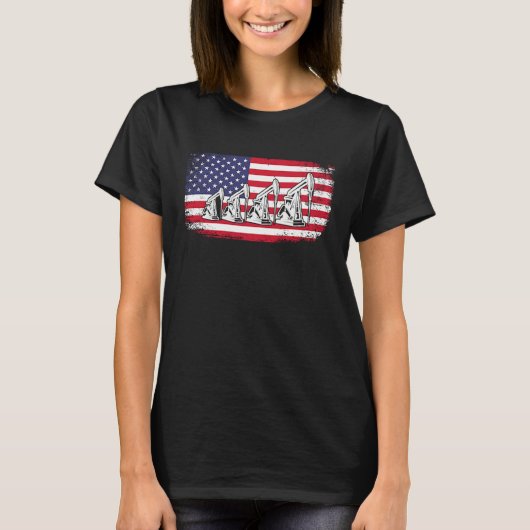 アメリカ国旗 オイルリグ 掘削 ラフネック 油田 Tシャツ (正面)