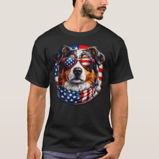 アメリカ国旗 オーストラリアン・シェパード 犬 サングラス Tシャツ