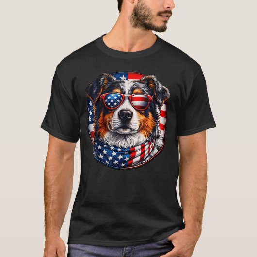 アメリカ国旗 オーストラリアン・シェパード 犬 サングラス Tシャツ (正面)
