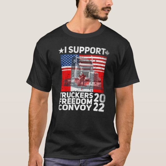 アメリカ国旗 カナダ国旗 自由の車列 2022 真実 Tシャツ (正面)