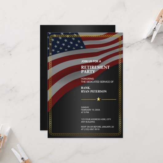 アメリカ国旗 | コーナー | ゴールドロープフレーム | ブラック 招待状 (正面/裏面インサイチュ)