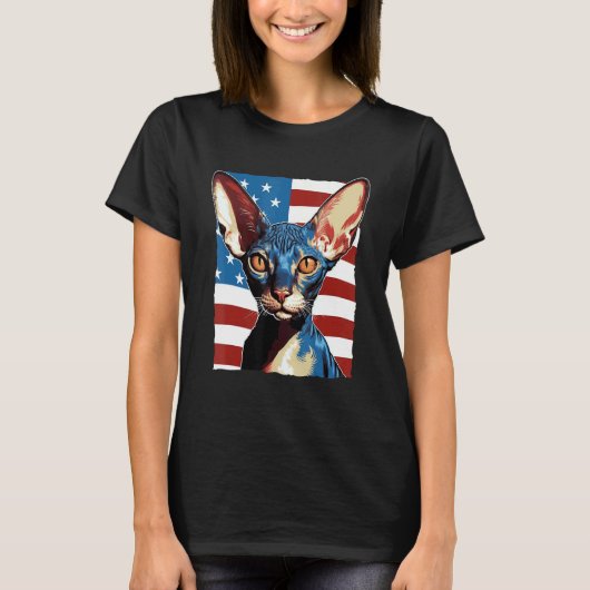 アメリカ国旗 コーニッシュレックス 猫 1 7月4日 Tシャツ (正面)