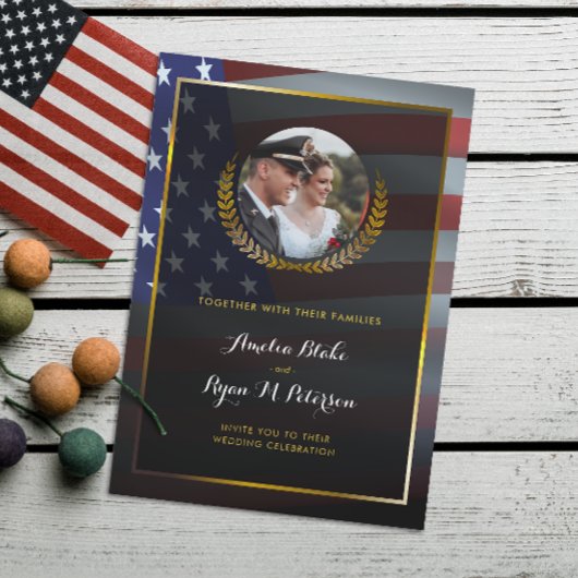 アメリカ国旗 | ゴールドの月桂樹の葉 | 豪華なウェディング 招待状