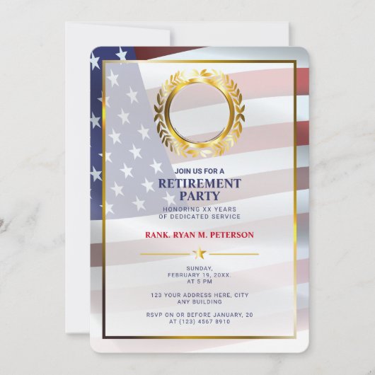 アメリカ国旗 | ゴールドの月桂樹の葉 | 豪華な退職祝い 招待状 (正面)