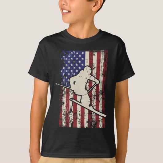アメリカ国旗 スキー スキーヤー ロングスリーブ  Tシャツ (正面)