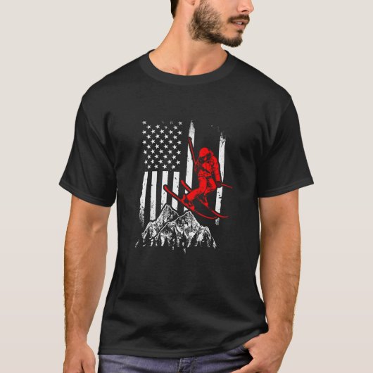 アメリカ国旗 スキー 雪山 スキーヤー Tシャツ (正面)