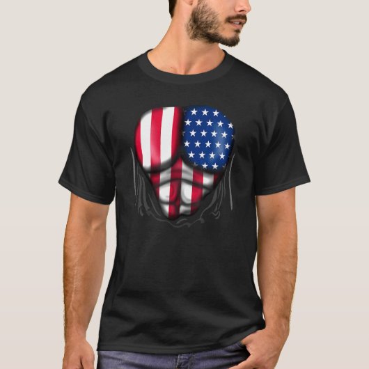 アメリカ国旗 チェスト 引き裂かれた 破れた 愛国心M Tシャツ (正面)