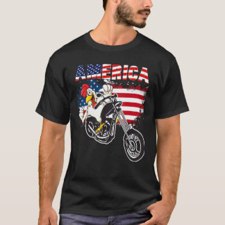 アメリカ国旗 ニワトリ バイク 7月4日 アメリカ独立記念日 Tシャツ