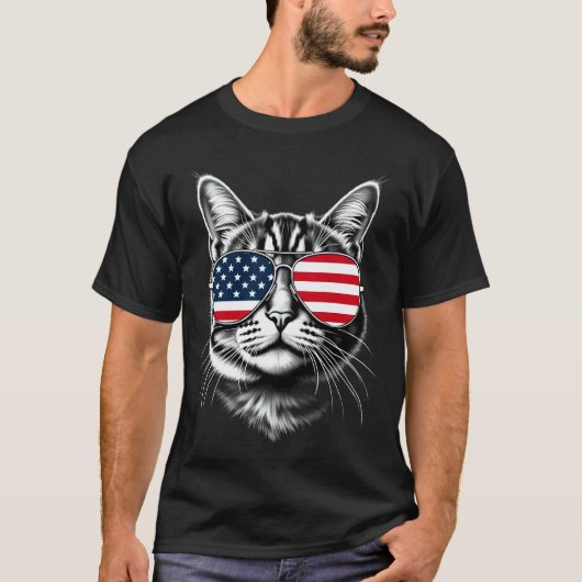 アメリカ国旗 ネコの顔 サングラス Tシャツ (正面)