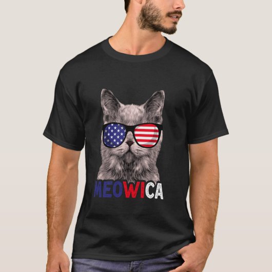 アメリカ国旗 ネコ 7月4日 ミャオイカ メンズ レディース Tシャツ (正面)