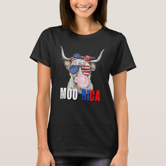 アメリカ国旗 ハイランドカウ Moo Rica 7月4日 Tシャツ (正面)