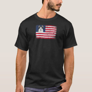 アメリカ国旗 ハスキー犬 4th+オブ+ジュライ 記念 犬 ラグランTシャツ Tシャツ