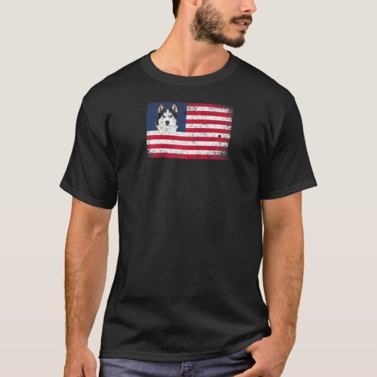 アメリカ国旗 ハスキー犬 4th+オブ+ジュライ 記念 犬 ラグランTシャツ Tシャツ (正面)