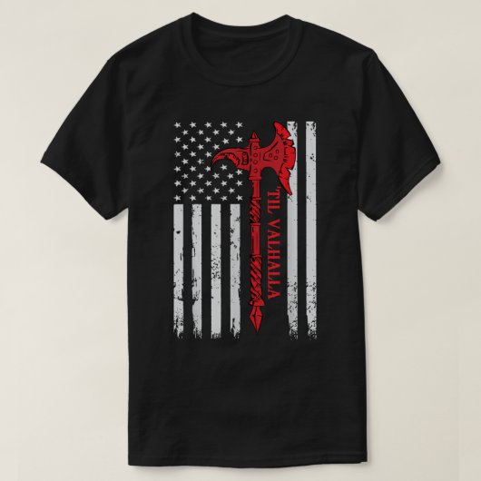 アメリカ国旗 バイキングの斧 ヴァルハラへ クールな退役軍人 Tシャツ (デザイン正面)