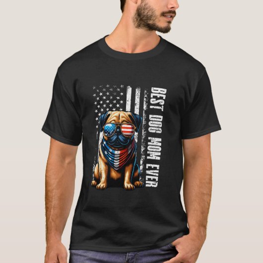 アメリカ国旗 パグ 愛犬家ママ アメリカンドッグ アメリカンママ Tシャツ (正面)