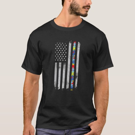 アメリカ国旗 パズルのピース 自閉症啓発月間 Tシャツ (正面)