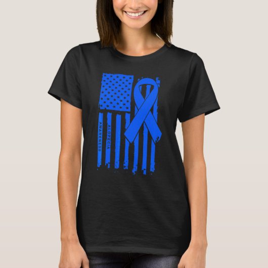 アメリカ国旗 ブルー リボン 円形脱毛症 啓発 Tシャツ (正面)
