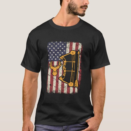 アメリカ国旗 ボウハンティング 弓 射撃 USA シカ狩り Tシャツ (正面)