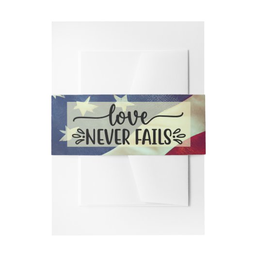 アメリカ国旗 ラブ ネバー フェイルズ 結婚式聖書の一節 招待状ベリーバンド (正面例)